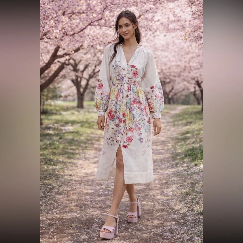 Anthropologie | Dresses | Anthropologie Nwt Let Me Be Longsleeve Vneck  Floral Aline Midi Dress Mp | Poshmark